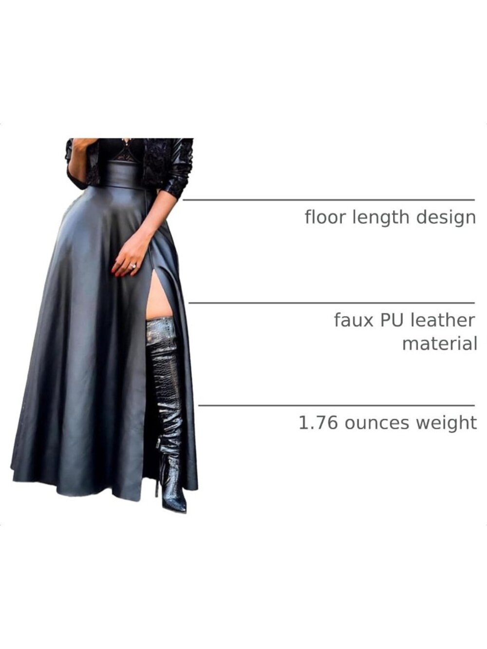 Women's Black Faux Leather High Waisted A Line Long Slit Party Maxi Skirt - Picture 3 of 3
